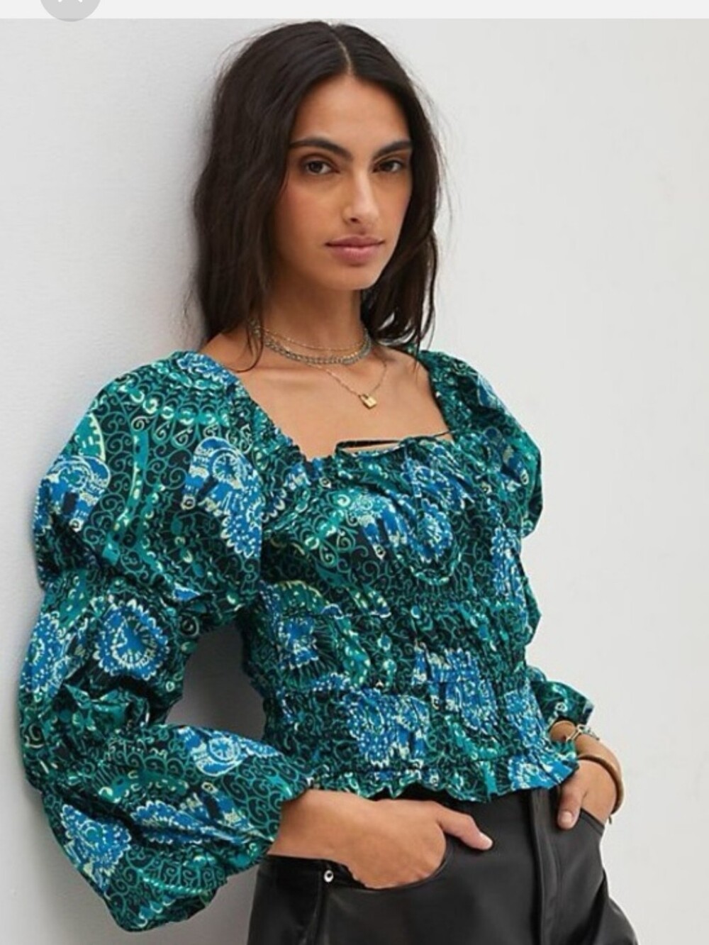 NWT Anthropologie Porridge Green and Blue Elephant Floral Peasant Blouse